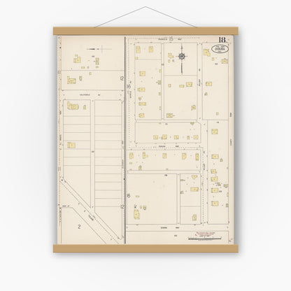 Old map wall art mockup — magnetic wood frame on white wall — Sanborn Fire Insurance Map from Dinuba, Tulare County, California (1920), Sheet #0018