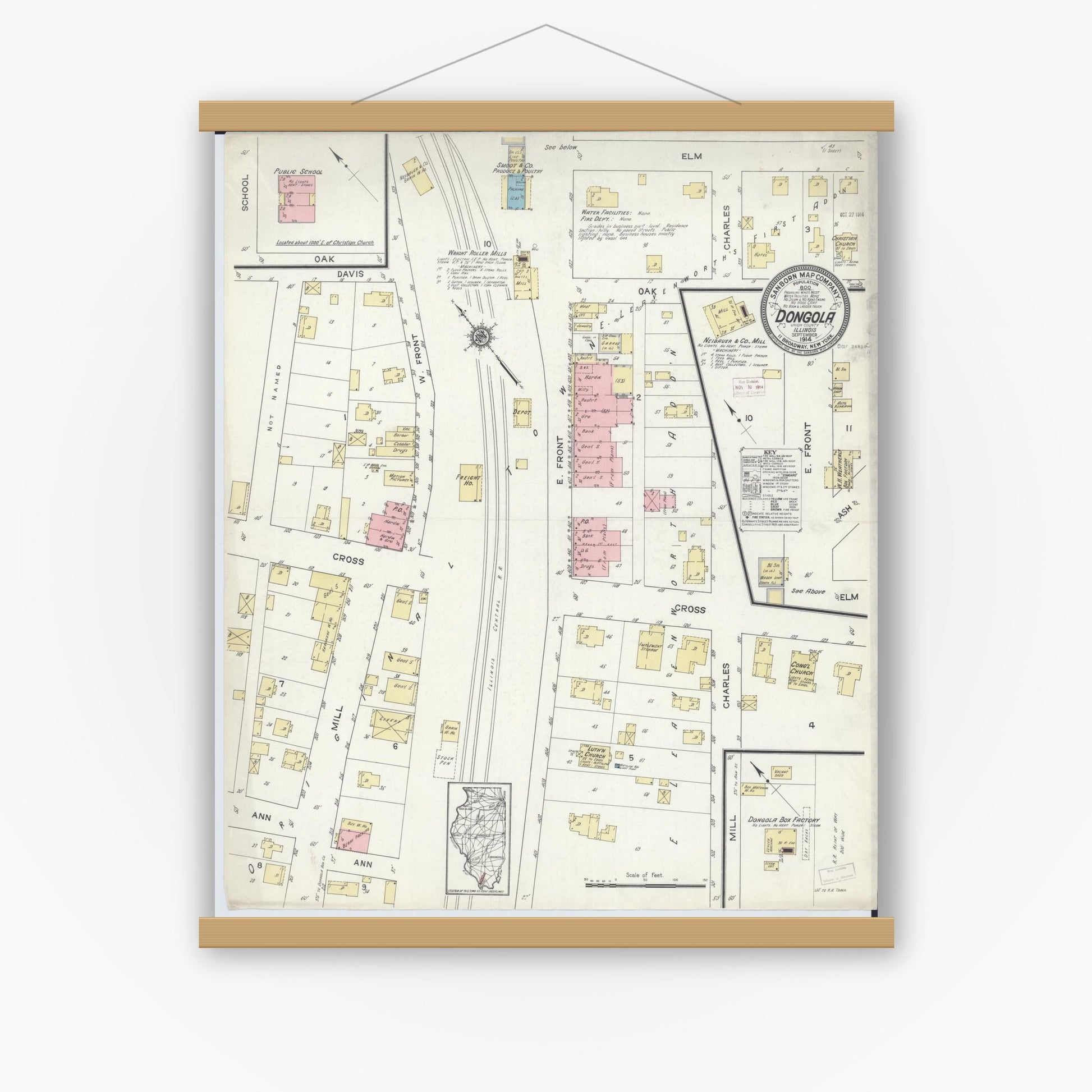 Old map wall art mockup — magnetic wood frame on white wall — Sanborn Fire Insurance Map from Dongola, Union County, Illinois (1914), Sheet #0001