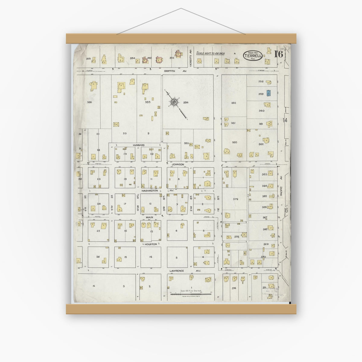 Old map wall art mockup — magnetic wood frame on white wall — Sanborn Fire Insurance Map from Terrell, Kaufman County, Texas (1921), Sheet #0016