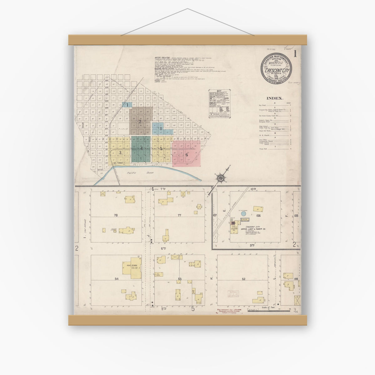 Old map wall art mockup — magnetic wood frame on white wall — Sanborn Fire Insurance Map from Crescent City, Del Norte County, California (1915) - Complete Map Set