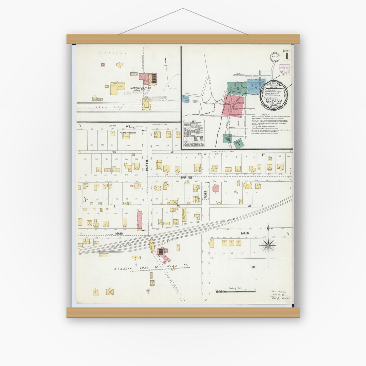 Old map wall art mockup — magnetic wood frame on white wall — Sanborn Fire Insurance Map from Glouster, Athens County, Ohio (1901), Sheet #0001
