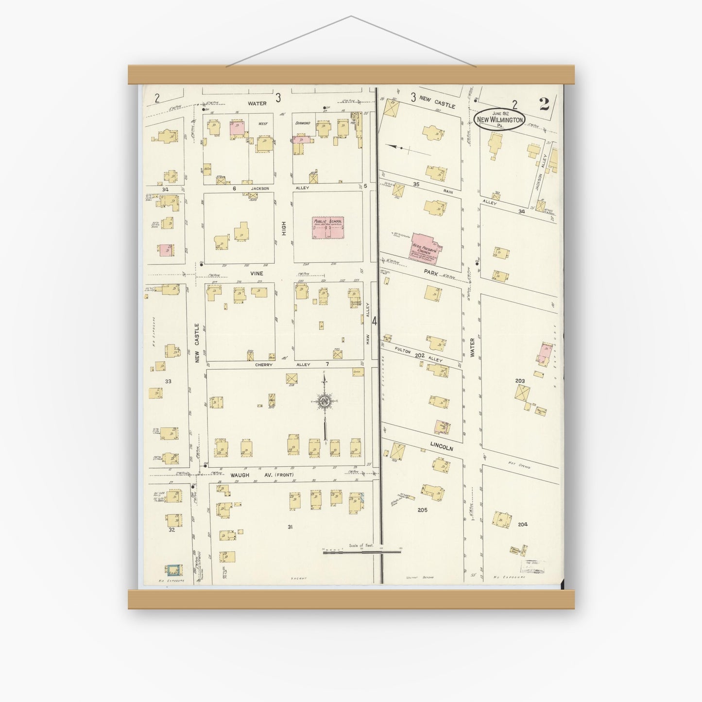 Old map wall art mockup — magnetic wood frame on white wall — Sanborn Fire Insurance Map from New Wilmington, Lawrence County, Pennsylvania (1912), Sheet #0002