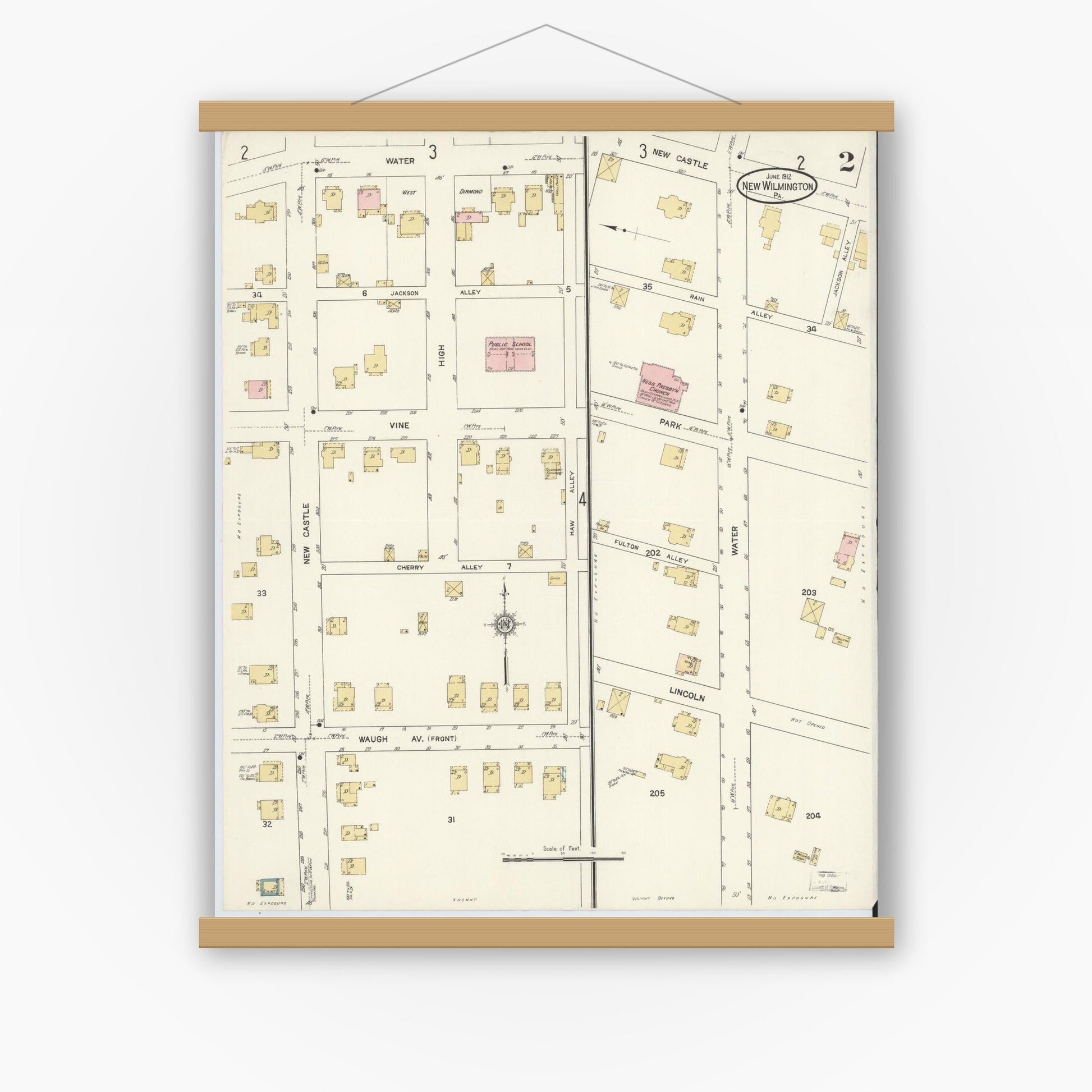 Old map wall art mockup — magnetic wood frame on white wall — Sanborn Fire Insurance Map from New Wilmington, Lawrence County, Pennsylvania (1912), Sheet #0002
