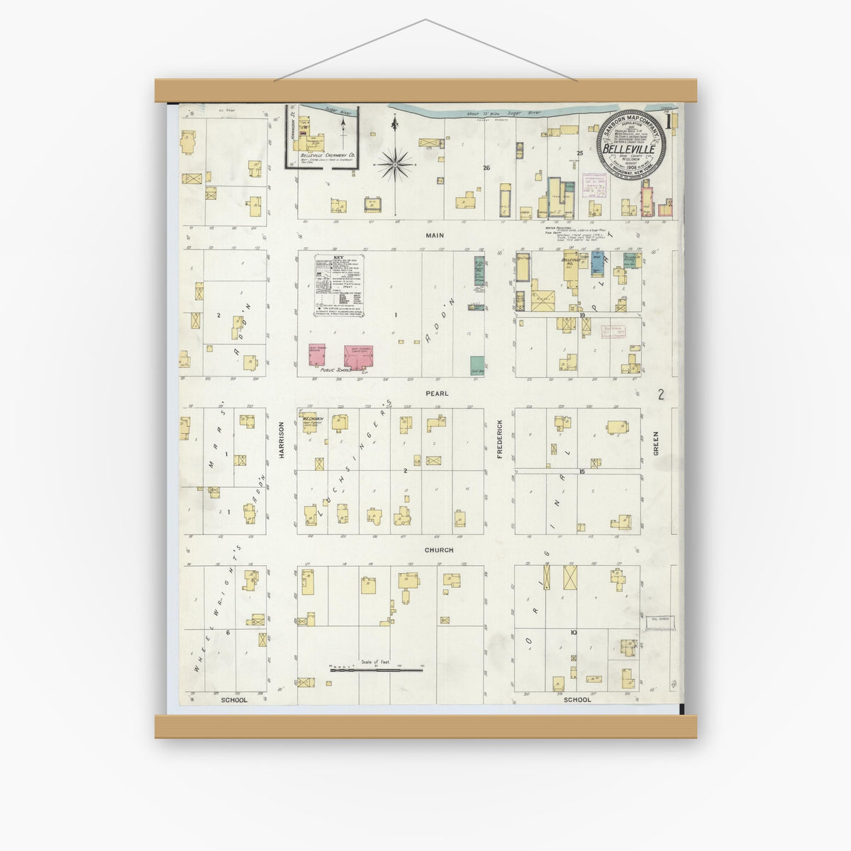 Old map wall art mockup — magnetic wood frame on white wall — Sanborn Fire Insurance Map from Belleville, Dane County, Wisconsin (1908) - Complete Map Set