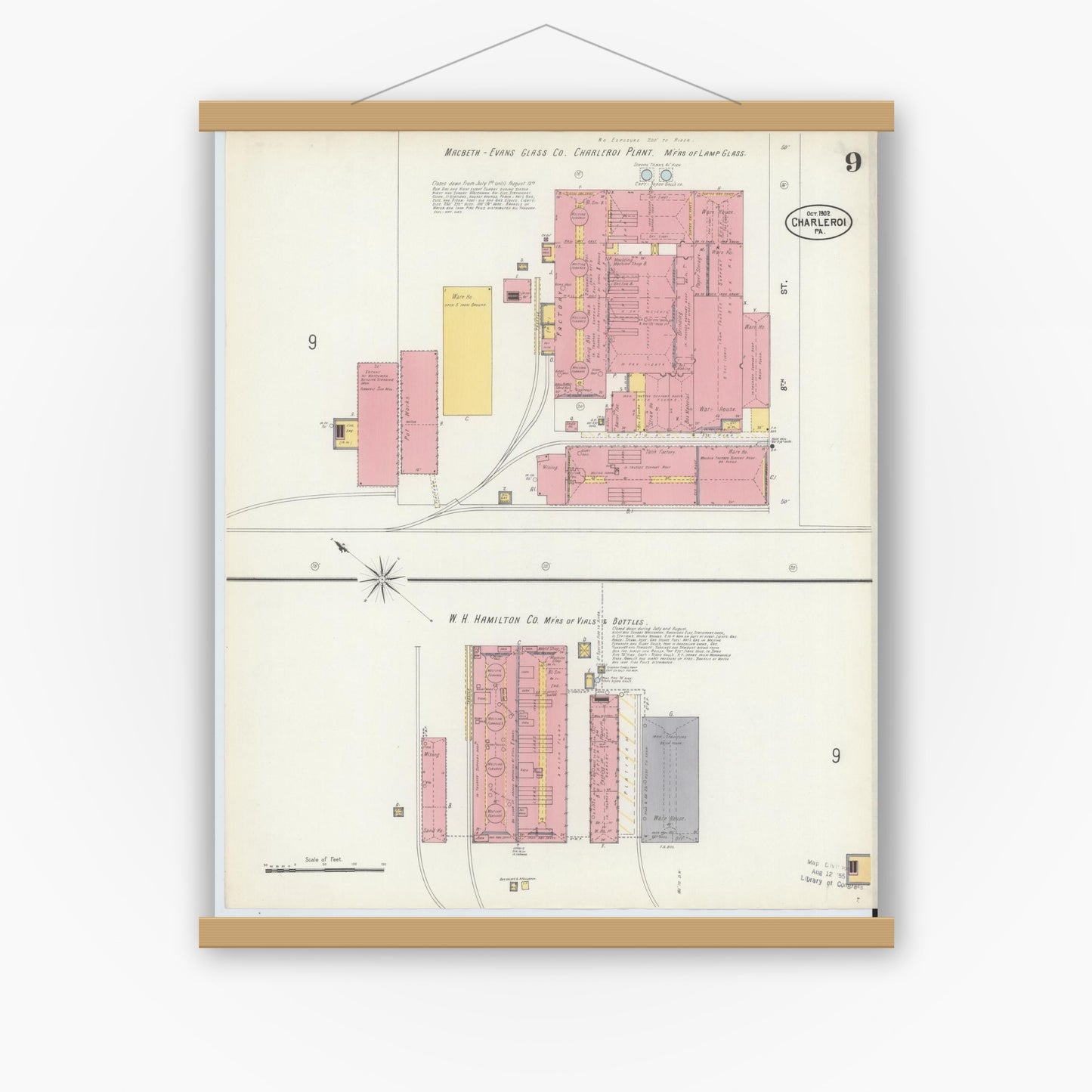 Old map wall art mockup — magnetic wood frame on white wall — Sanborn Fire Insurance Map from Charleroi, Washington County, Pennsylvania (1902), Sheet #0009