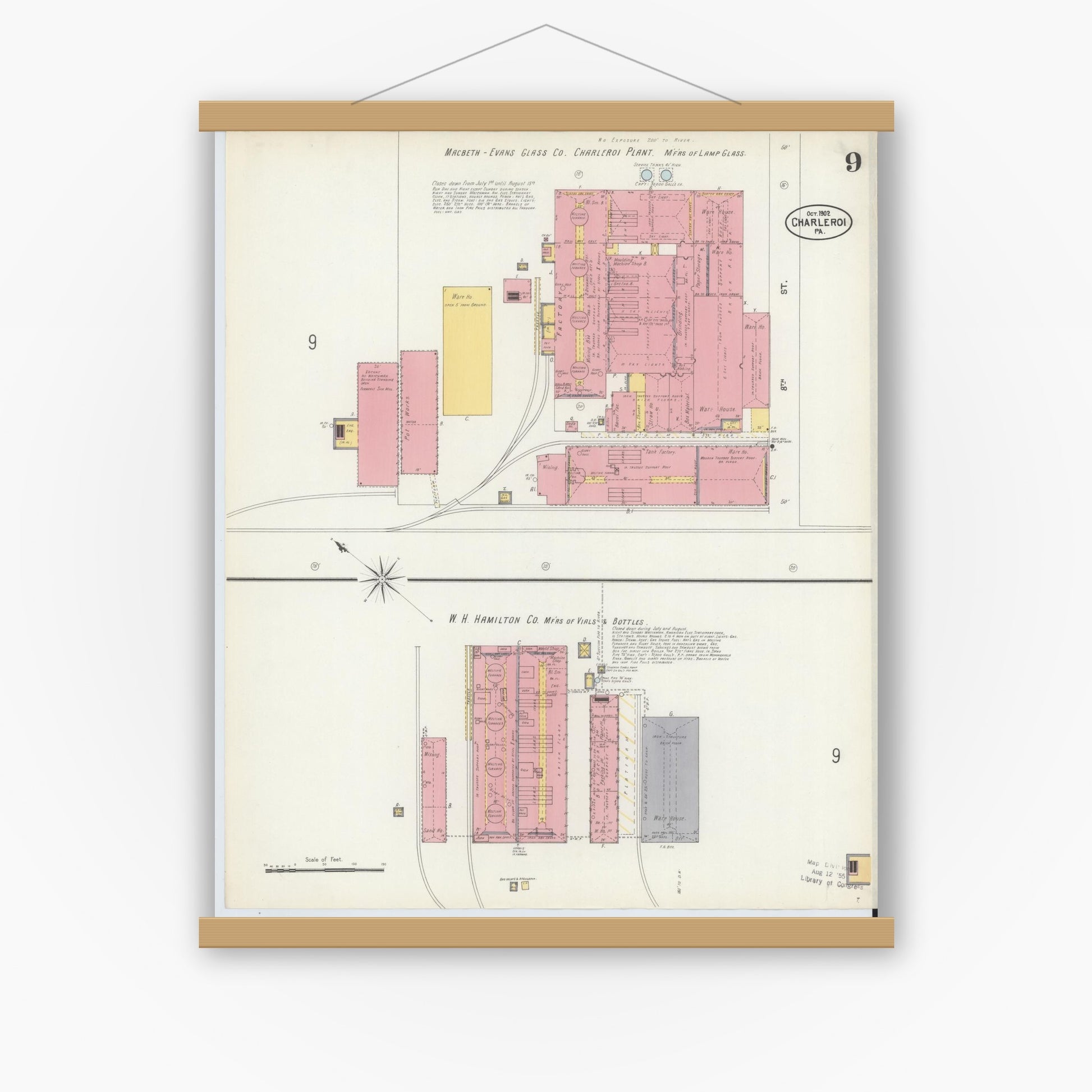 Old map wall art mockup — magnetic wood frame on white wall — Sanborn Fire Insurance Map from Charleroi, Washington County, Pennsylvania (1902), Sheet #0009