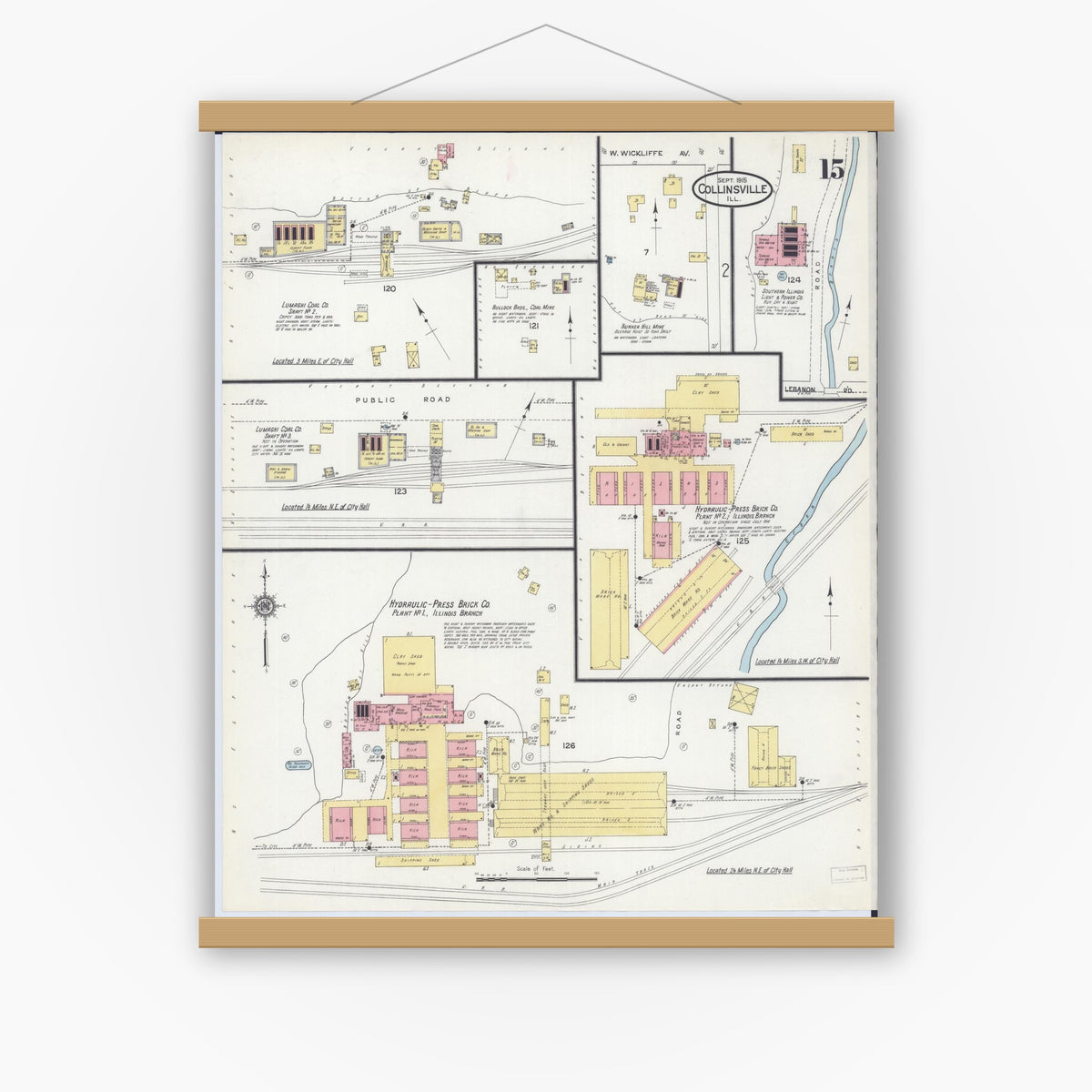 Old map wall art mockup — magnetic wood frame on white wall — Sanborn Fire Insurance Map from Collinsville, Madison County, Illinois (1915), Sheet #0015