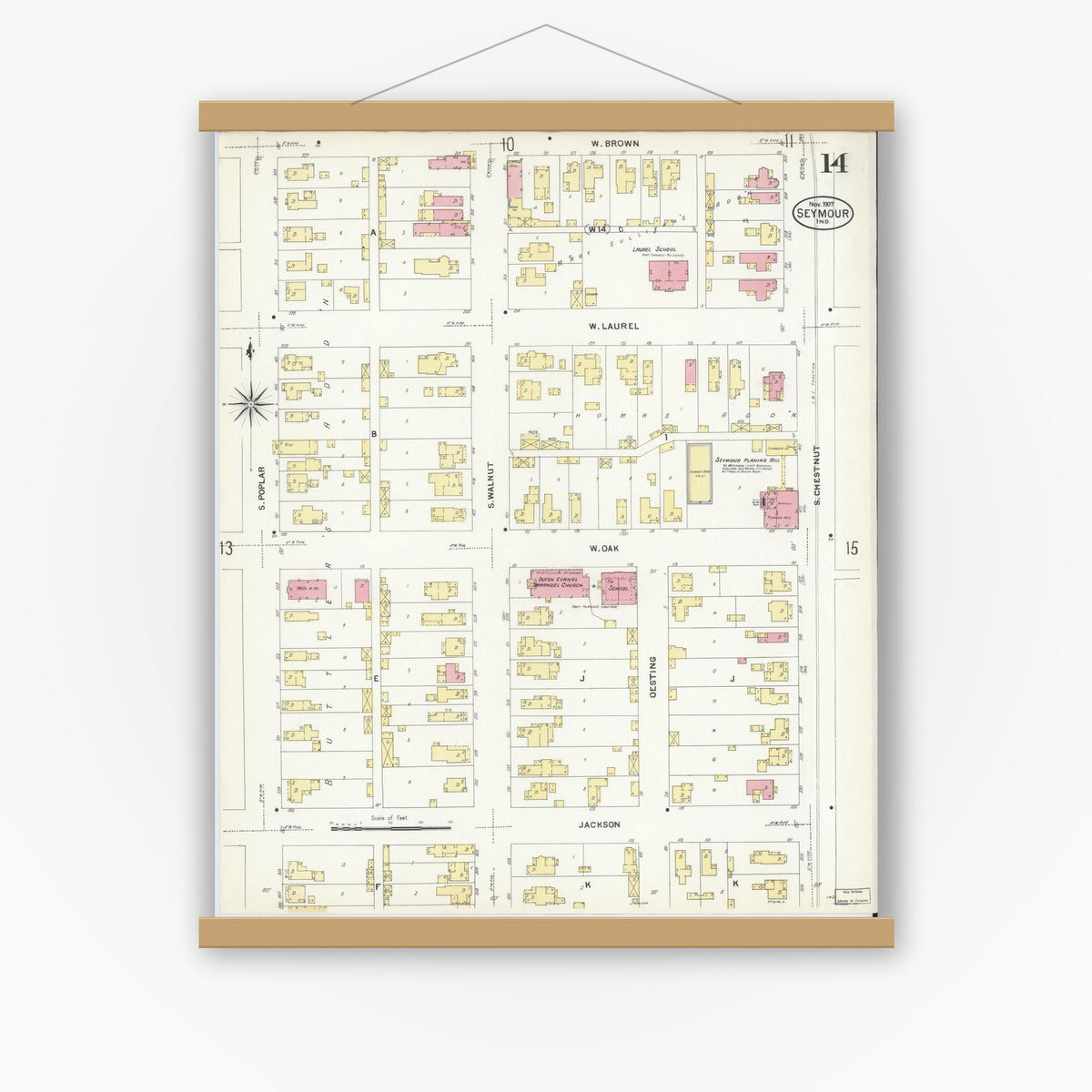Old map wall art mockup — magnetic wood frame on white wall — Sanborn Fire Insurance Map from Seymour, Jackson County, Indiana (1907), Sheet #0014