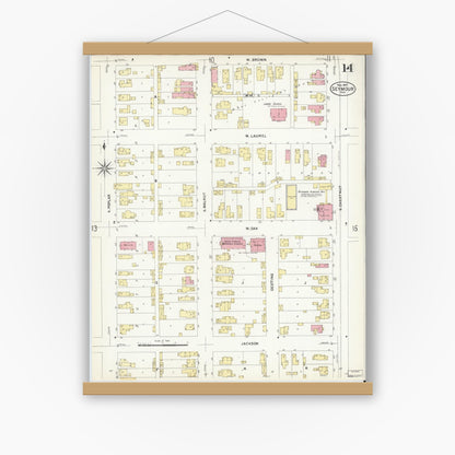 Old map wall art mockup — magnetic wood frame on white wall — Sanborn Fire Insurance Map from Seymour, Jackson County, Indiana (1907), Sheet #0014