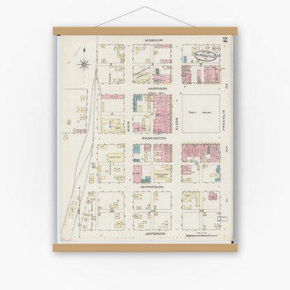 Old map wall art mockup — magnetic wood frame on white wall — Sanborn Fire Insurance Map from Kirksville, Adair County, Missouri (1886), Sheet #0002