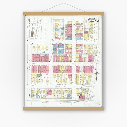 Old map wall art mockup — magnetic wood frame on white wall — Sanborn Fire Insurance Map from Barberton, Summit County, Ohio (1927), Sheet #0003