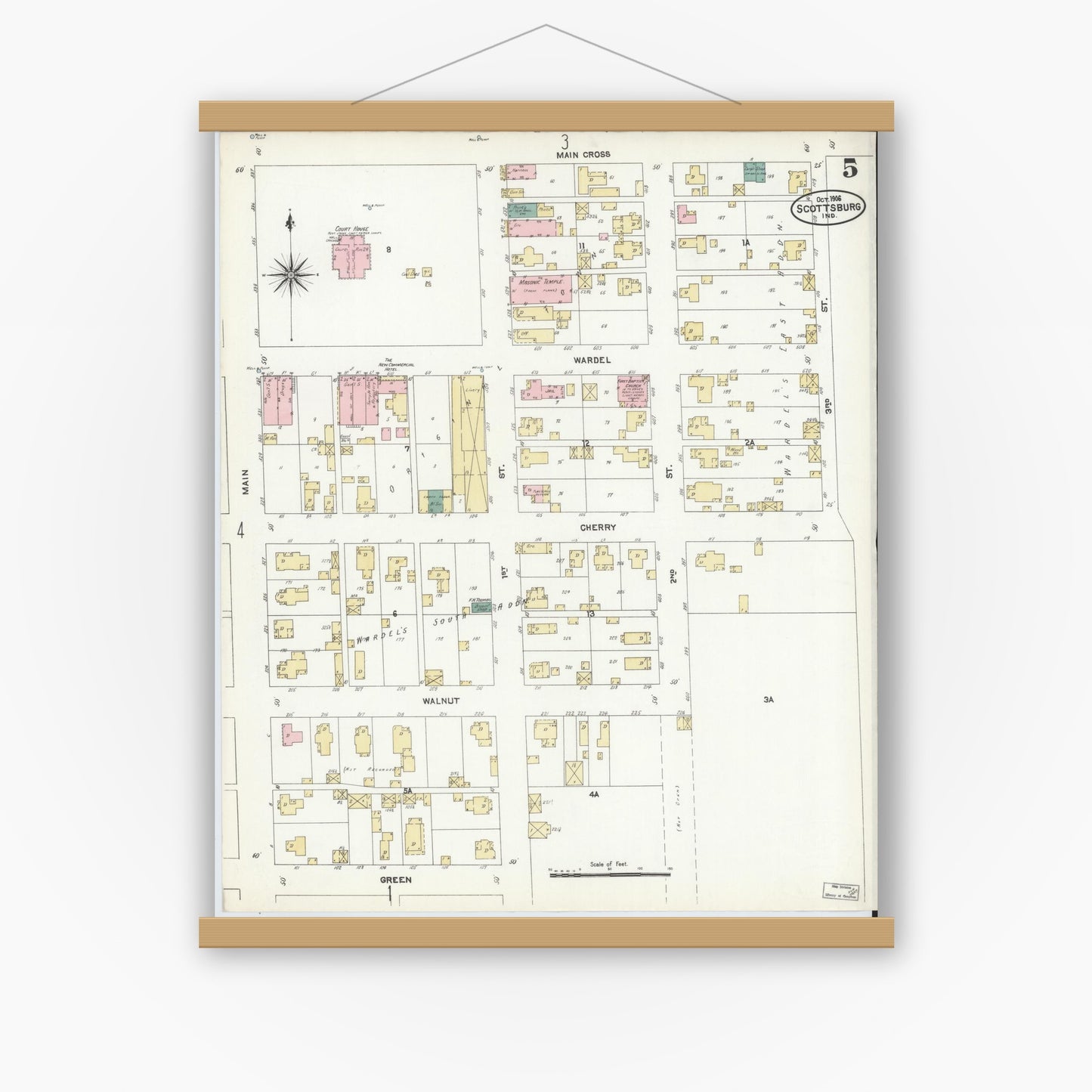 Old map wall art mockup — magnetic wood frame on white wall — Sanborn Fire Insurance Map from Scottsburg, Scott County, Indiana (1906), Sheet #0005