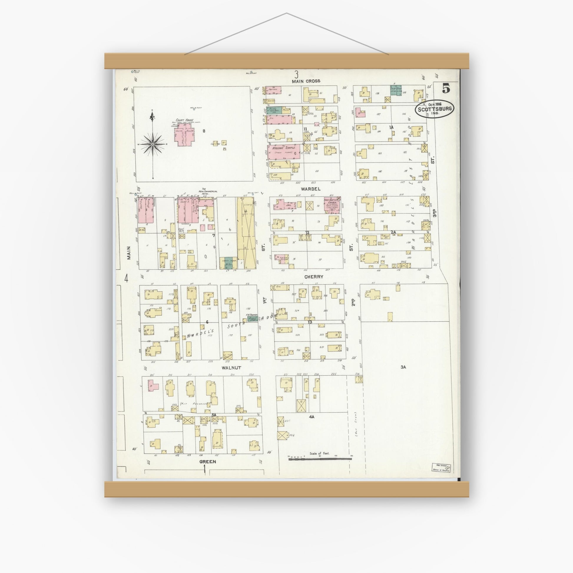 Old map wall art mockup — magnetic wood frame on white wall — Sanborn Fire Insurance Map from Scottsburg, Scott County, Indiana (1906), Sheet #0005