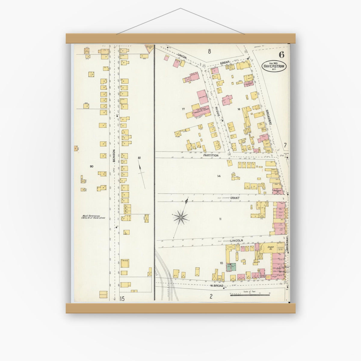 Old map wall art mockup — magnetic wood frame on white wall — Sanborn Fire Insurance Map from Haverstraw, Rockland County, New York (1903), Sheet #0006