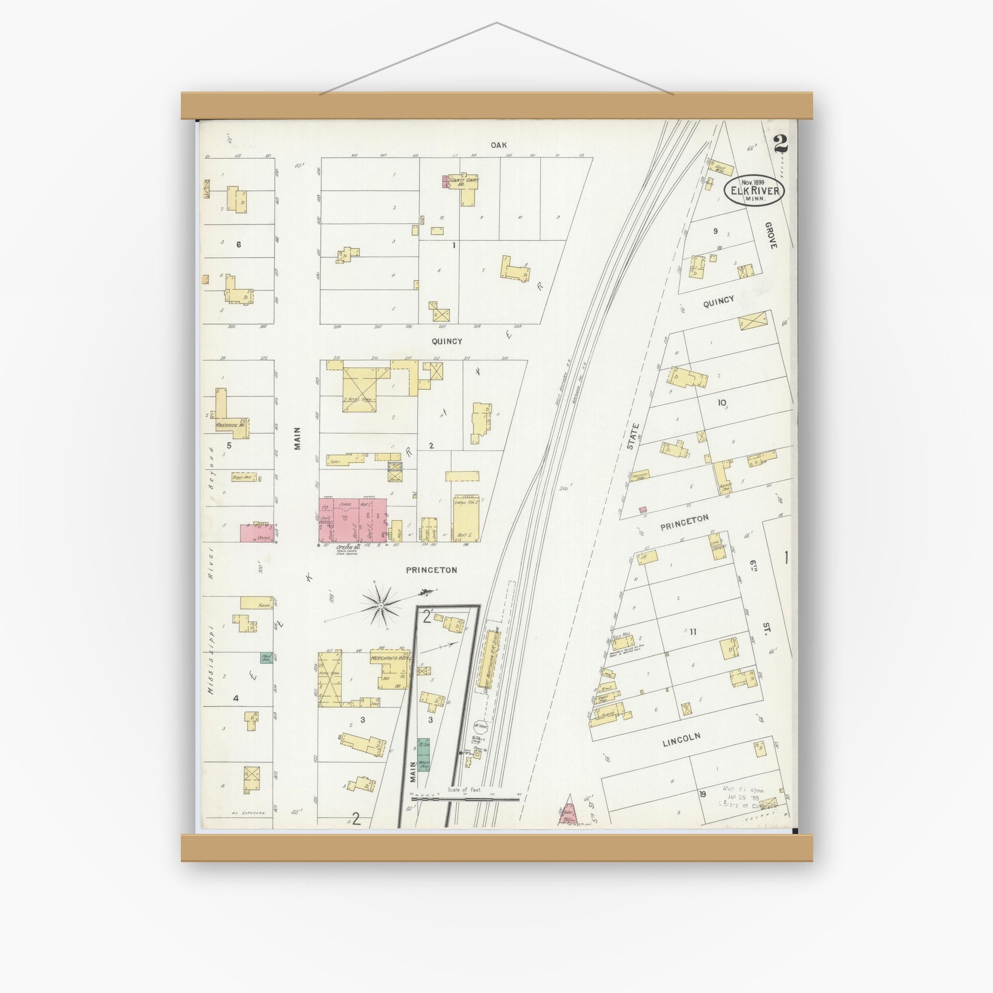 Old map wall art mockup — magnetic wood frame on white wall — Sanborn Fire Insurance Map from Elk River, Sherburne County, Minnesota (1899), Sheet #0002