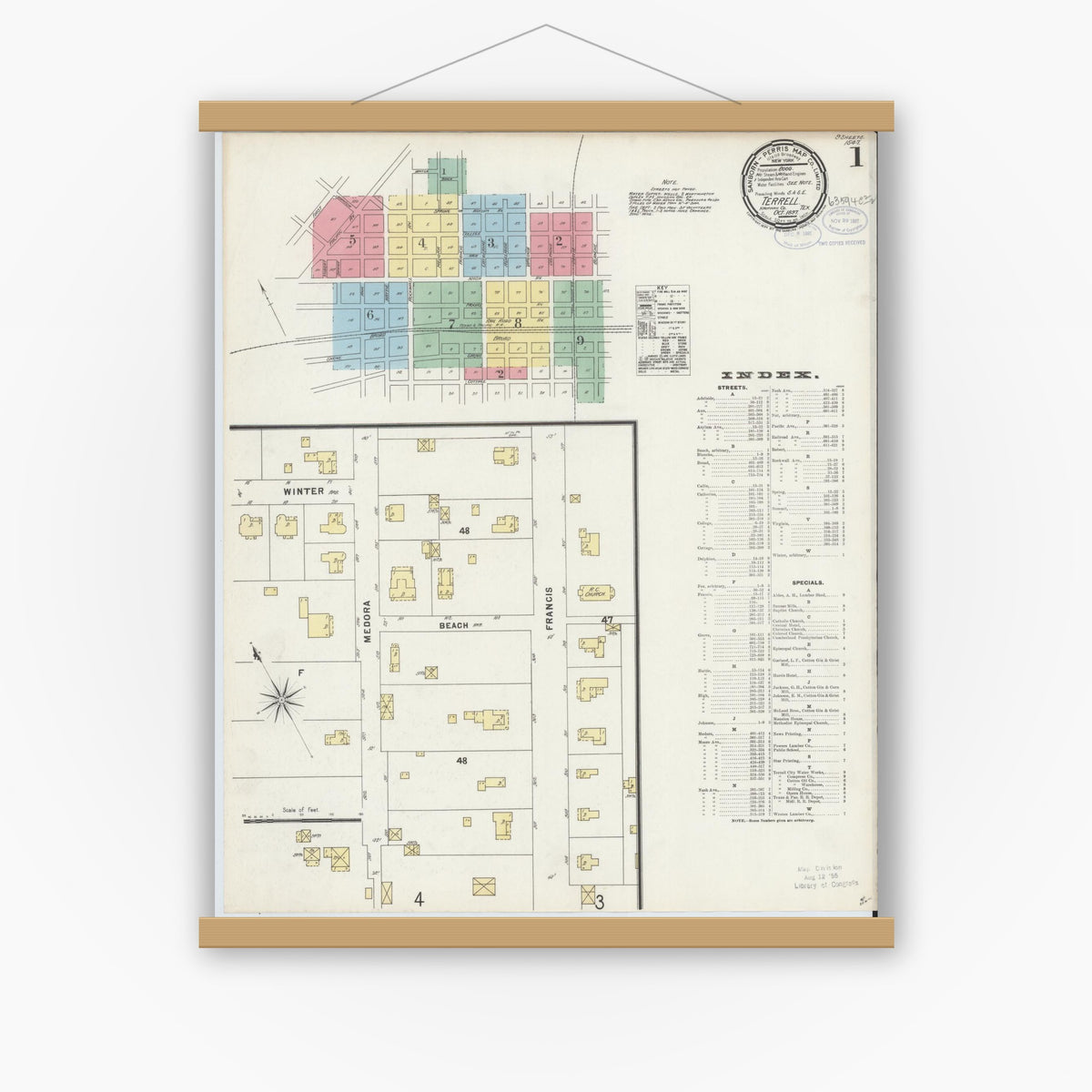 Old map wall art mockup — magnetic wood frame on white wall — Sanborn Fire Insurance Map from Terrell, Kaufman County, Texas (1897), Sheet #0001