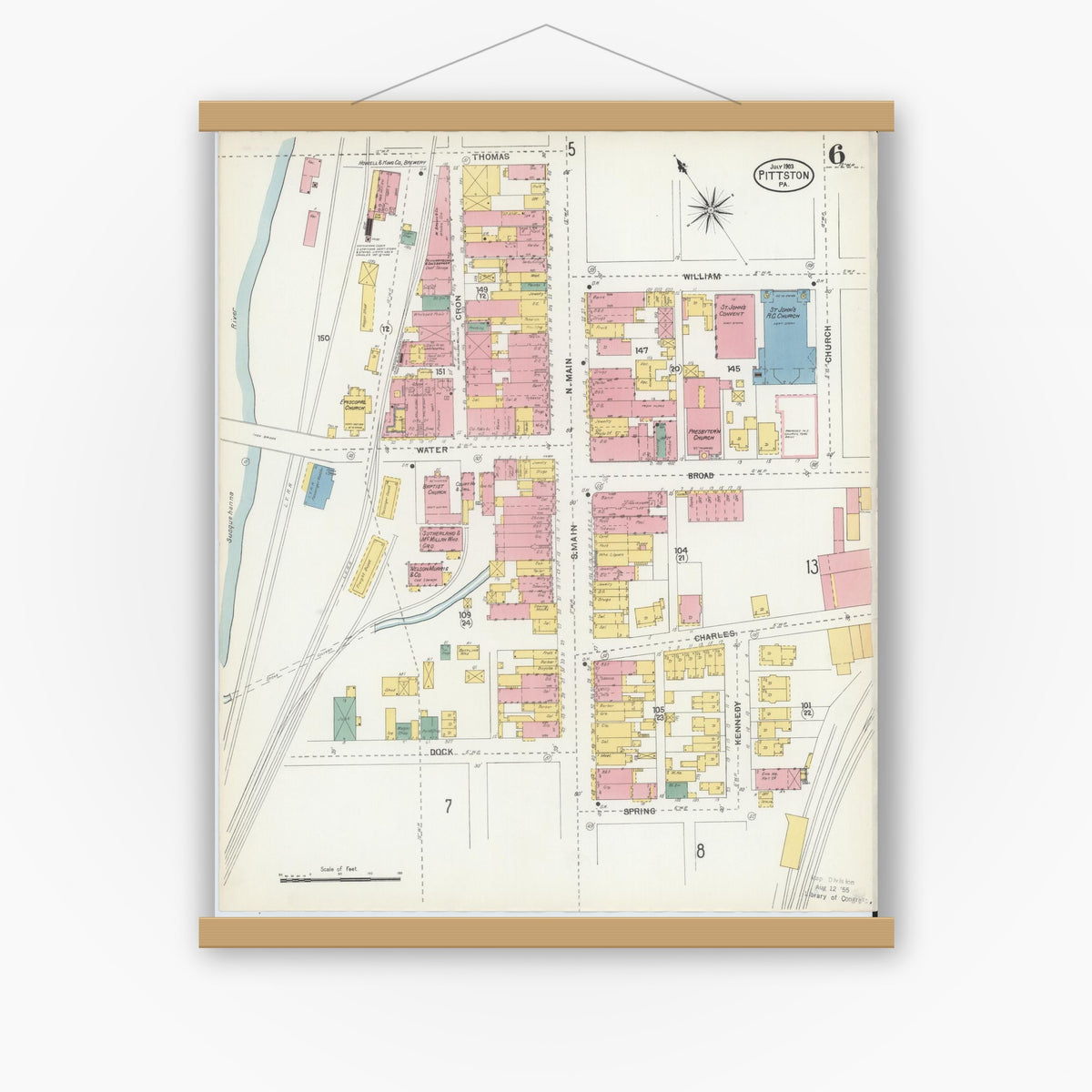 Old map wall art mockup — magnetic wood frame on white wall — Sanborn Fire Insurance Map from Pittston, Luzerne County, Pennsylvania (1903), Sheet #0006
