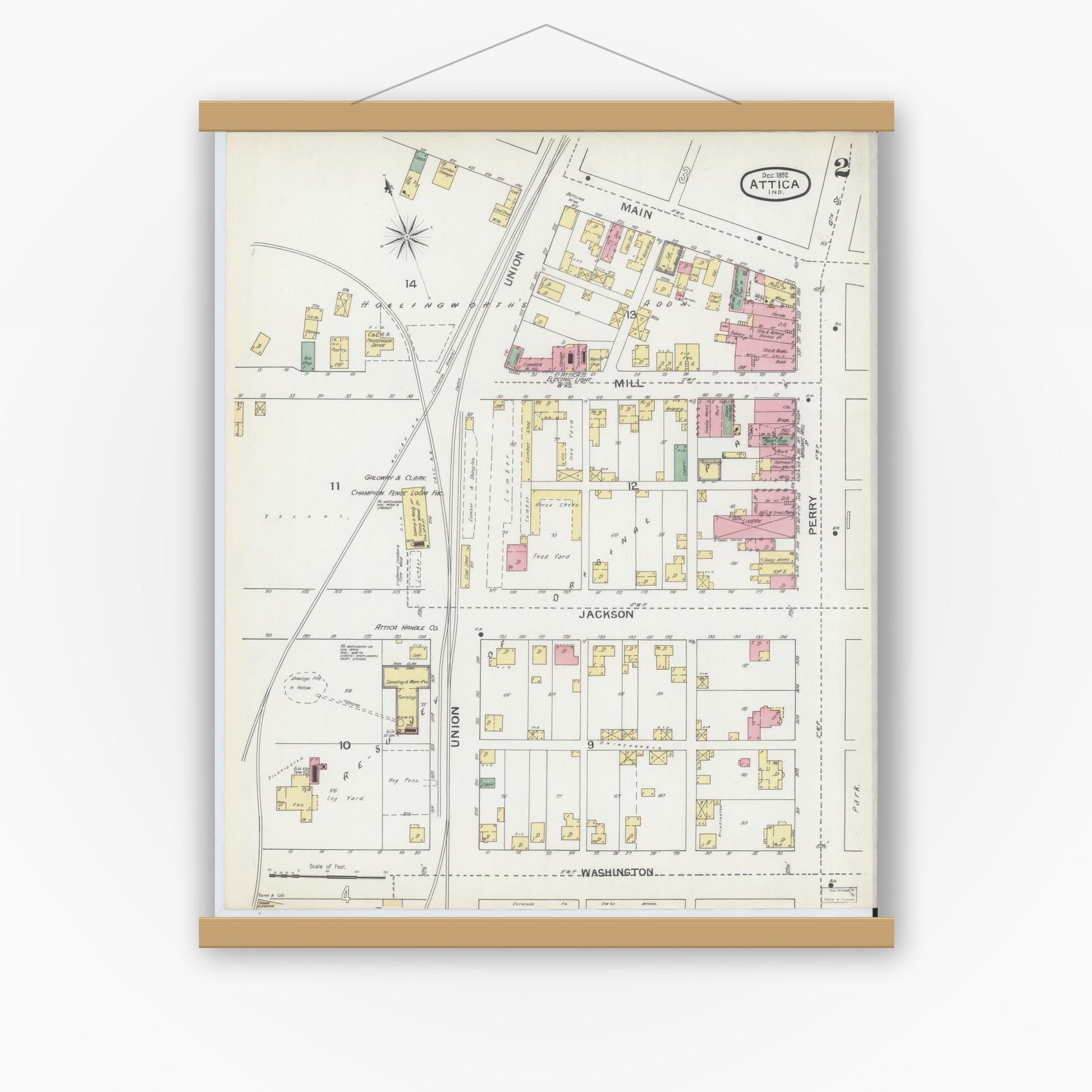 Old map wall art mockup — magnetic wood frame on white wall — Sanborn Fire Insurance Map from Attica, Fountain County, Indiana (1892), Sheet #0002