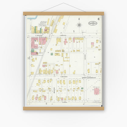 Old map wall art mockup — magnetic wood frame on white wall — Sanborn Fire Insurance Map from Wapakoneta, Auglaize County, Ohio (1899), Sheet #0004