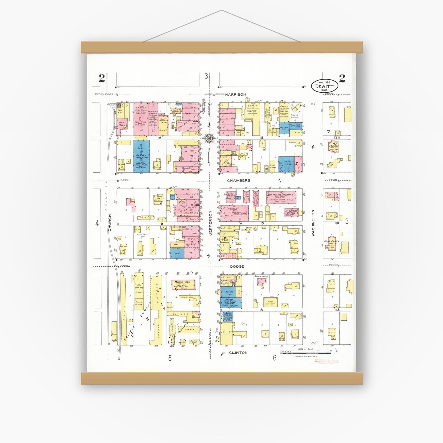 Old map wall art mockup — magnetic wood frame on white wall — Sanborn Fire Insurance Map from De Witt, Clinton County, Iowa (1926), Sheet #0002