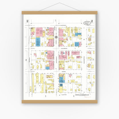 Old map wall art mockup — magnetic wood frame on white wall — Sanborn Fire Insurance Map from De Witt, Clinton County, Iowa (1926), Sheet #0002