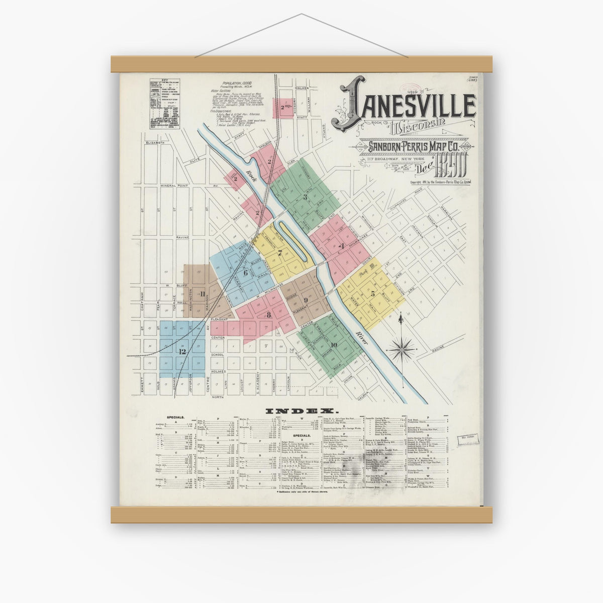 Old map wall art mockup — magnetic wood frame on white wall — Sanborn Fire Insurance Map from Janesville, Rock County, Wisconsin (1890) - Complete Map Set