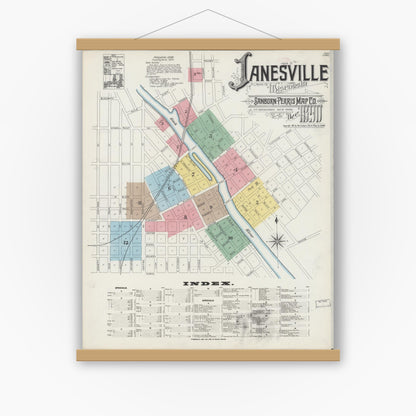 Old map wall art mockup — magnetic wood frame on white wall — Sanborn Fire Insurance Map from Janesville, Rock County, Wisconsin (1890) - Complete Map Set