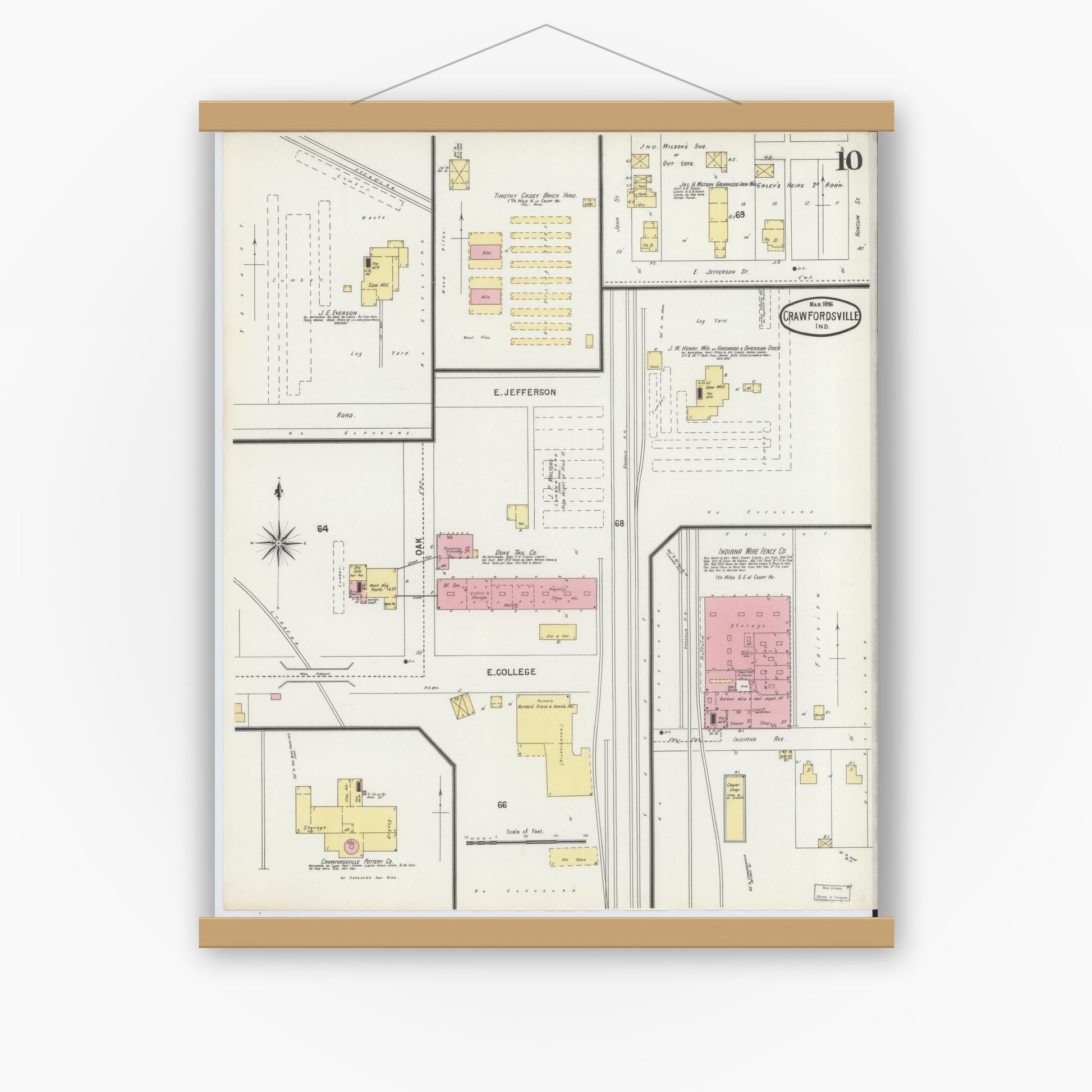 Old map wall art mockup — magnetic wood frame on white wall — Sanborn Fire Insurance Map from Crawfordsville, Montgomery County, Indiana (1896), Sheet #0010