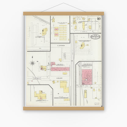 Old map wall art mockup — magnetic wood frame on white wall — Sanborn Fire Insurance Map from Crawfordsville, Montgomery County, Indiana (1896), Sheet #0010