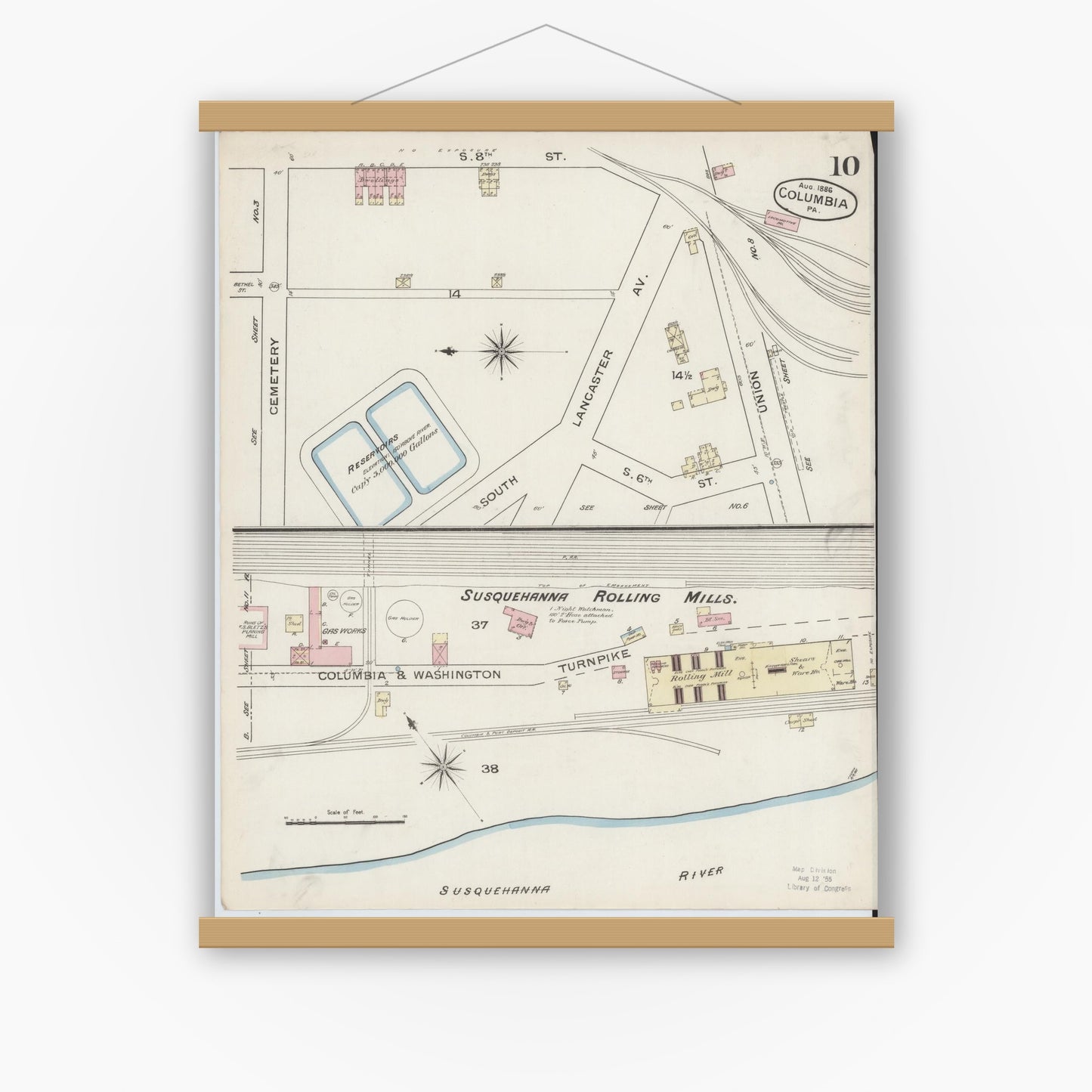Old map wall art mockup — magnetic wood frame on white wall — Sanborn Fire Insurance Map from Columbia, Lancaster County, Pennsylvania (1886), Sheet #0010