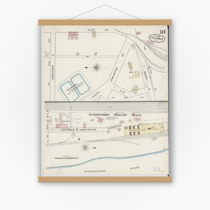 Old map wall art mockup — magnetic wood frame on white wall — Sanborn Fire Insurance Map from Columbia, Lancaster County, Pennsylvania (1886), Sheet #0010