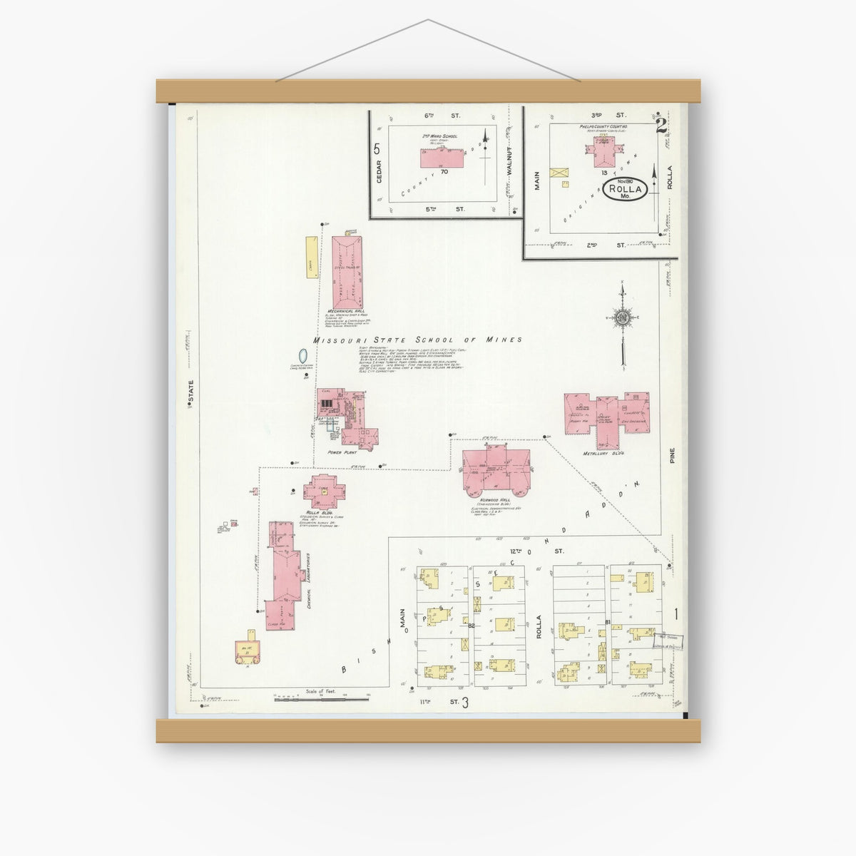 Old map wall art mockup — magnetic wood frame on white wall — Sanborn Fire Insurance Map from Rolla, Phelps County, Missouri (1910), Sheet #0002
