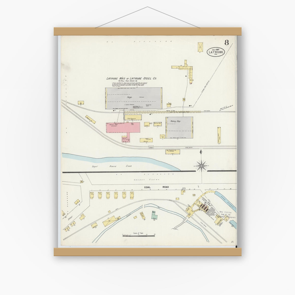 Old map wall art mockup — magnetic wood frame on white wall — Sanborn Fire Insurance Map from Latrobe, Westmoreland County, Pennsylvania (1897), Sheet #0008