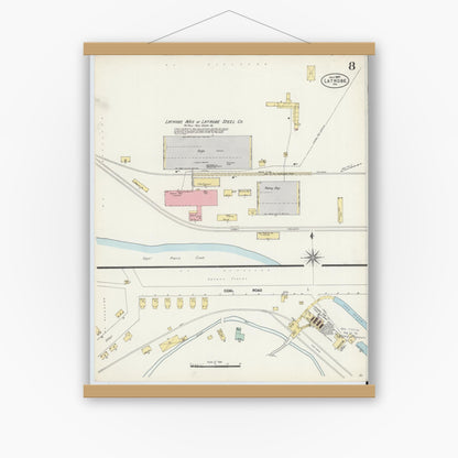 Old map wall art mockup — magnetic wood frame on white wall — Sanborn Fire Insurance Map from Latrobe, Westmoreland County, Pennsylvania (1897), Sheet #0008