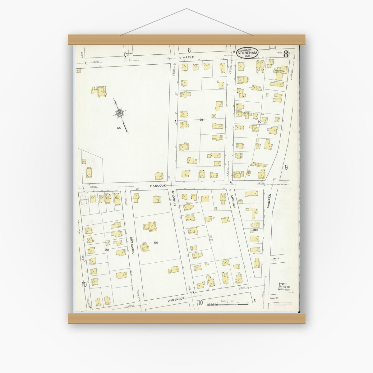 Old map wall art mockup — magnetic wood frame on white wall — Sanborn Fire Insurance Map from Stoneham, Middlesex County, Massachusetts (1916), Sheet #0008