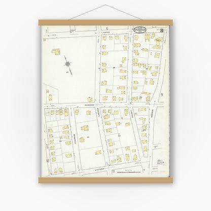 Old map wall art mockup — magnetic wood frame on white wall — Sanborn Fire Insurance Map from Stoneham, Middlesex County, Massachusetts (1916), Sheet #0008