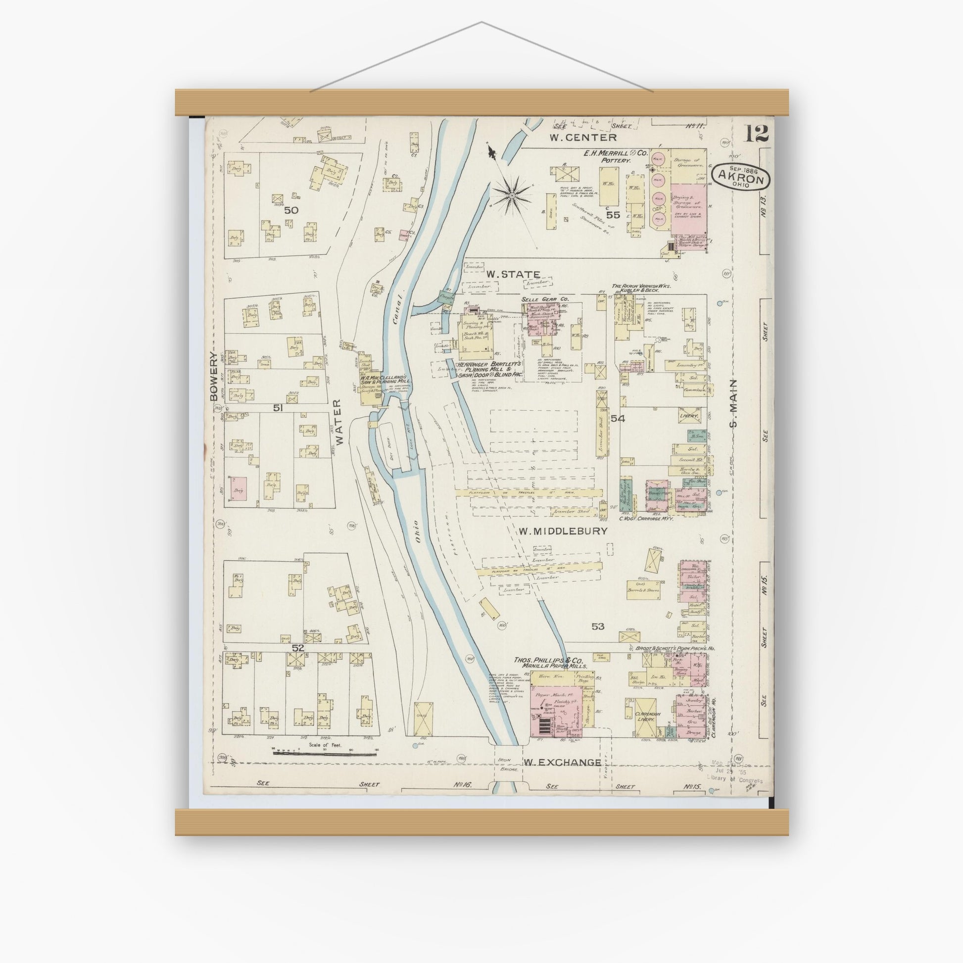 Old map wall art mockup — magnetic wood frame on white wall — Sanborn Fire Insurance Map from Akron, Summit County, Ohio (1886), Sheet #0012