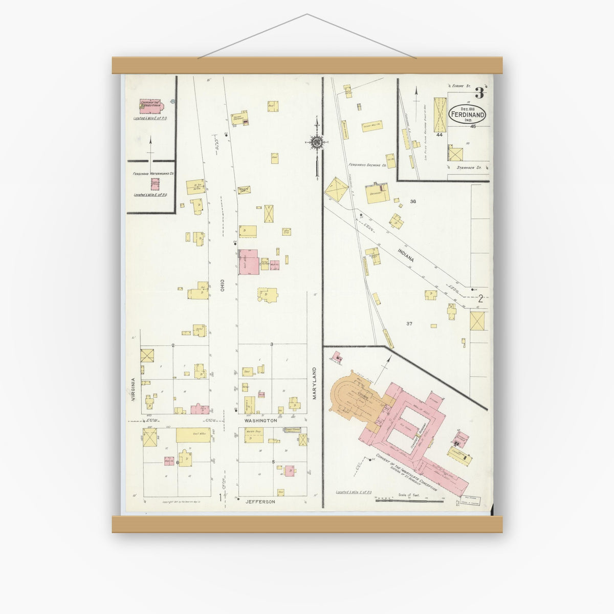 Old map wall art mockup — magnetic wood frame on white wall — Sanborn Fire Insurance Map from Ferdinand, Dubois County, Indiana (1916), Sheet #0003