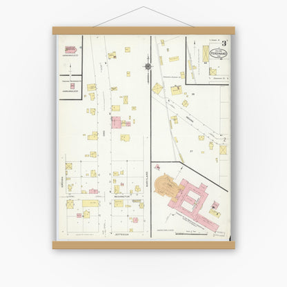 Old map wall art mockup — magnetic wood frame on white wall — Sanborn Fire Insurance Map from Ferdinand, Dubois County, Indiana (1916), Sheet #0003