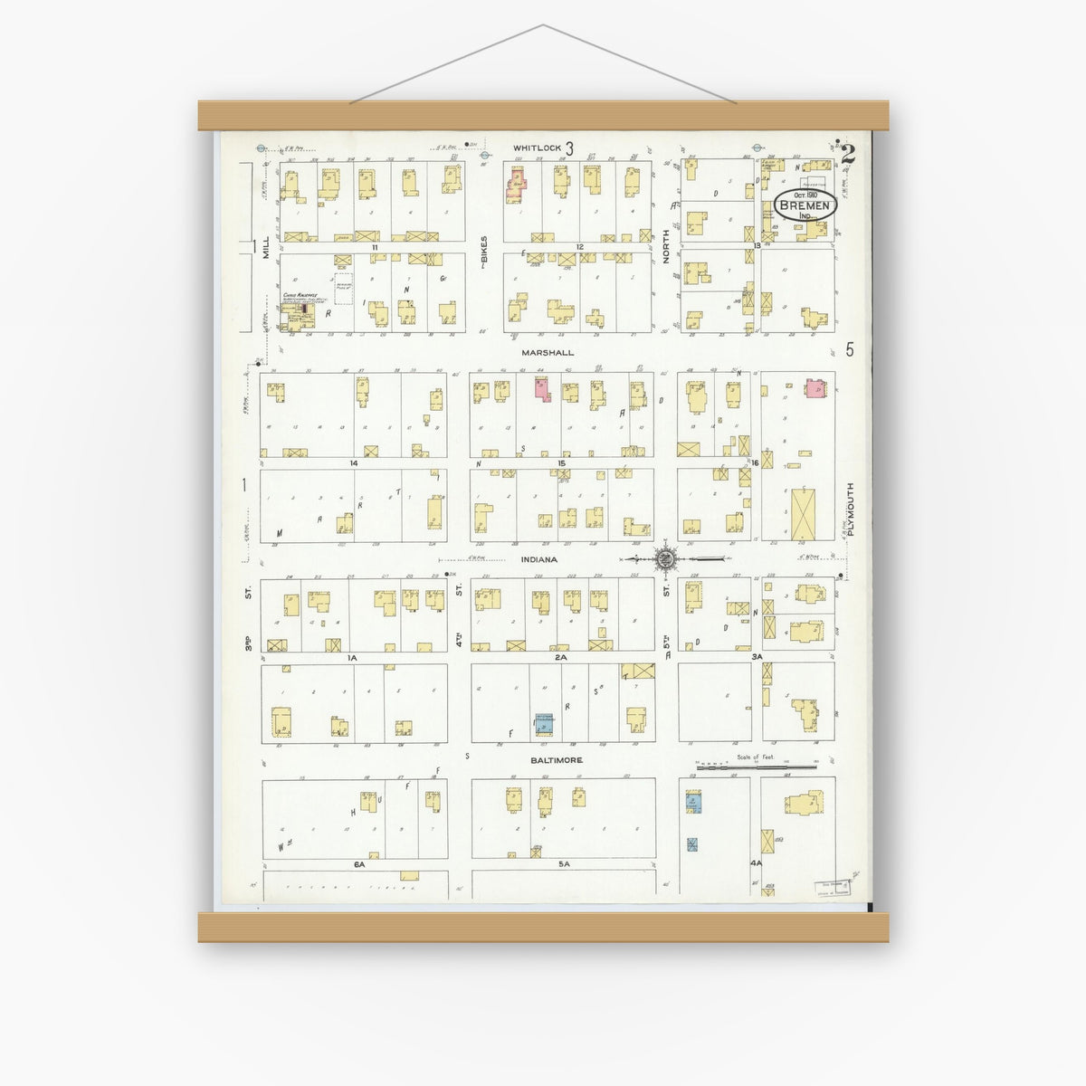 Old map wall art mockup — magnetic wood frame on white wall — Sanborn Fire Insurance Map from Bremen, Marshall County, Indiana (1910), Sheet #0002