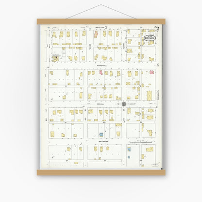 Old map wall art mockup — magnetic wood frame on white wall — Sanborn Fire Insurance Map from Bremen, Marshall County, Indiana (1910), Sheet #0002