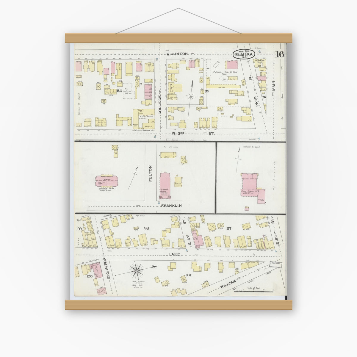 Old map wall art mockup — magnetic wood frame on white wall — Sanborn Fire Insurance Map from Elmira, Chemung County, New York (1892), Sheet #0016