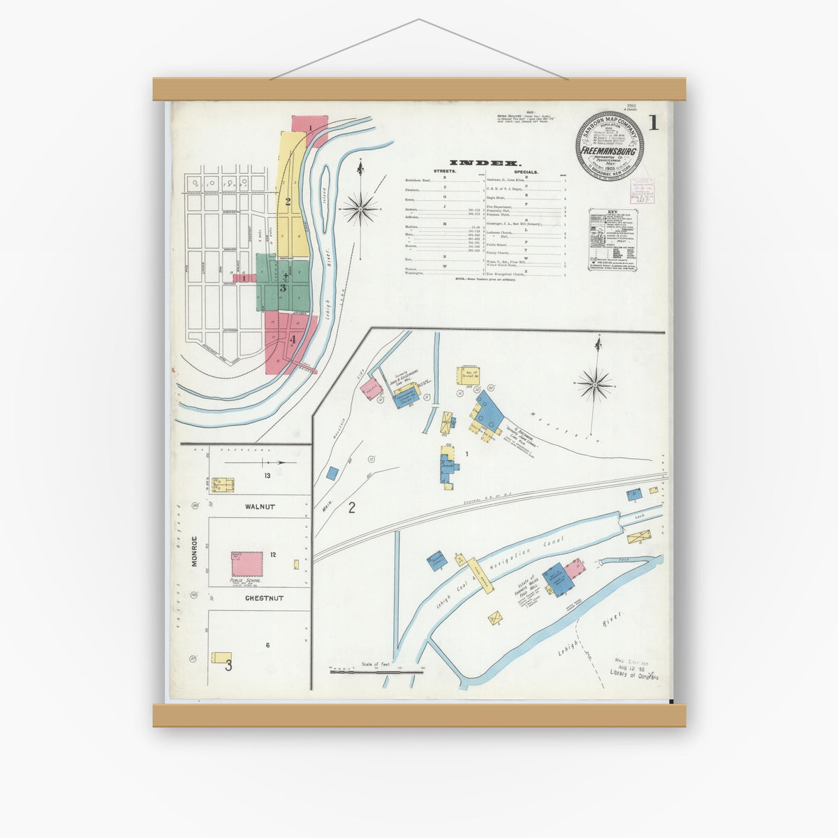 Old map wall art mockup — magnetic wood frame on white wall — Sanborn Fire Insurance Map from Freemansburg, Northampton County, Pennsylvania (1905) - Complete Map Set