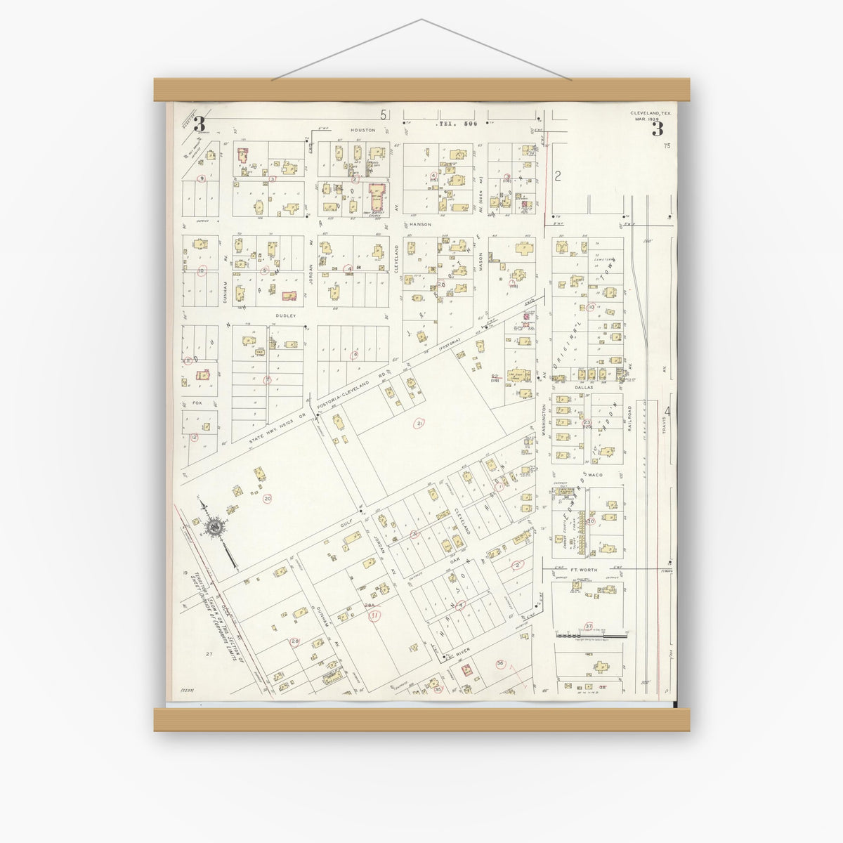 Old map wall art mockup — magnetic wood frame on white wall — Sanborn Fire Insurance Map from Cleveland, Liberty County, Texas (1939), Sheet #0003