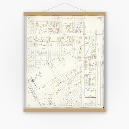 Old map wall art mockup — magnetic wood frame on white wall — Sanborn Fire Insurance Map from Cleveland, Liberty County, Texas (1939), Sheet #0003