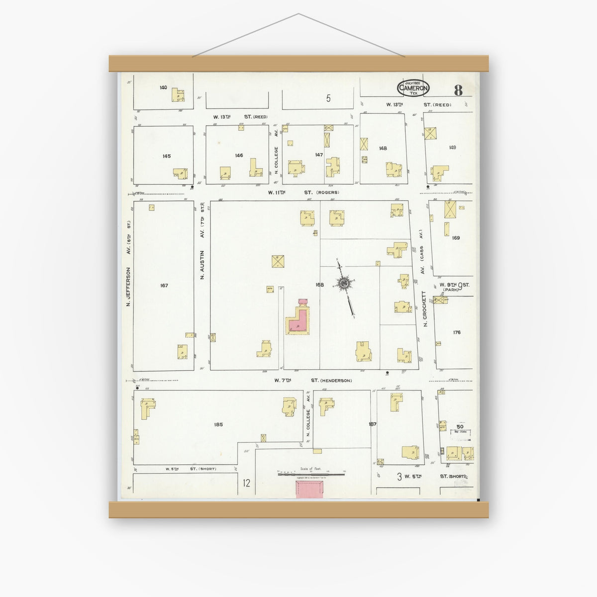 Old map wall art mockup — magnetic wood frame on white wall — Sanborn Fire Insurance Map from Cameron, Milam County, Texas (1920), Sheet #0008