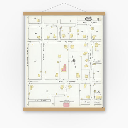 Old map wall art mockup — magnetic wood frame on white wall — Sanborn Fire Insurance Map from Cameron, Milam County, Texas (1920), Sheet #0008