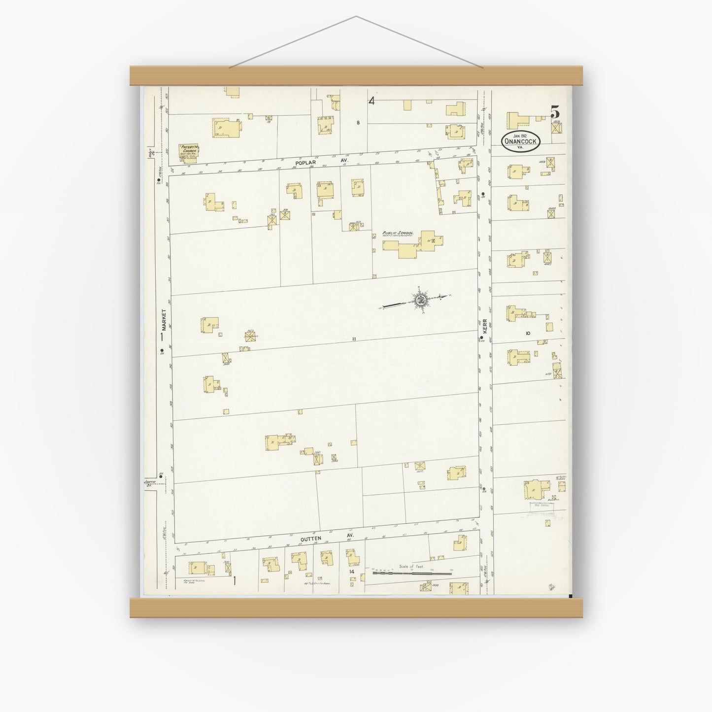 Old map wall art mockup — magnetic wood frame on white wall — Sanborn Fire Insurance Map from Onancock, Accomack County, Virginia (1912), Sheet #0005