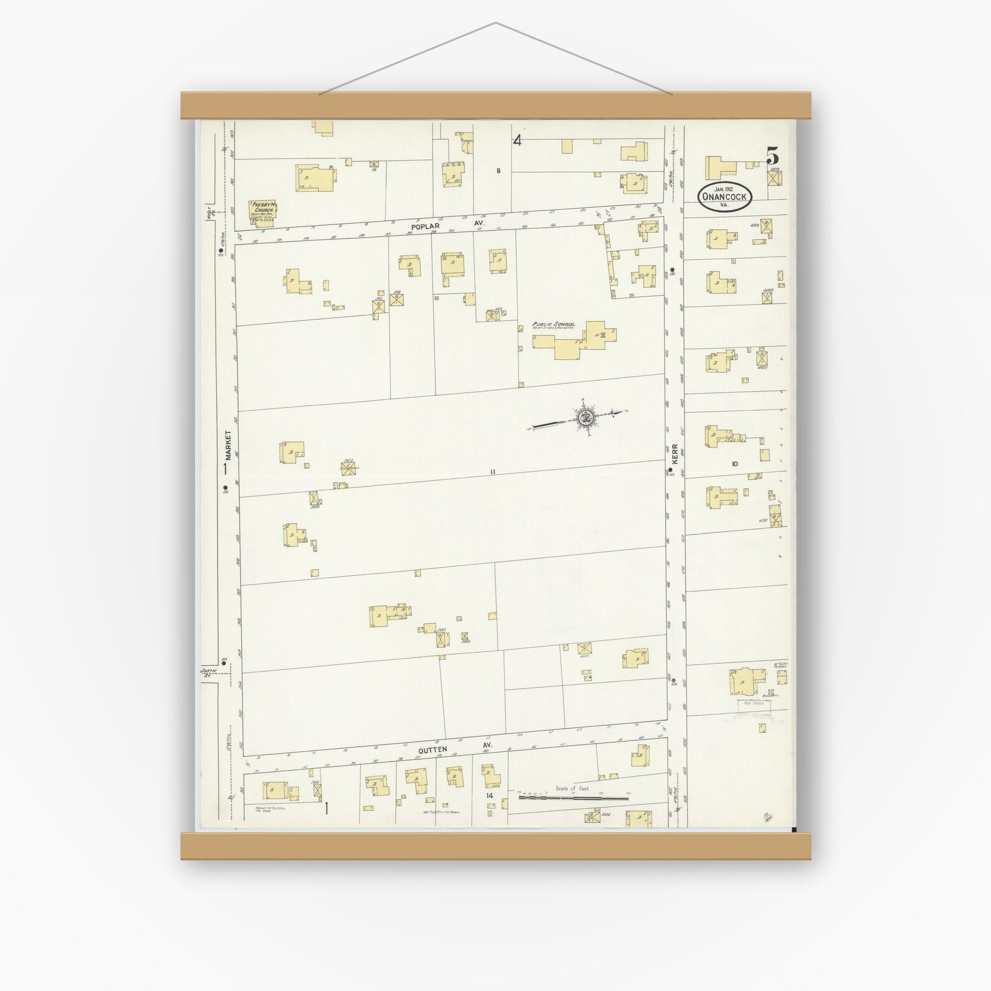 Old map wall art mockup — magnetic wood frame on white wall — Sanborn Fire Insurance Map from Onancock, Accomack County, Virginia (1912), Sheet #0005