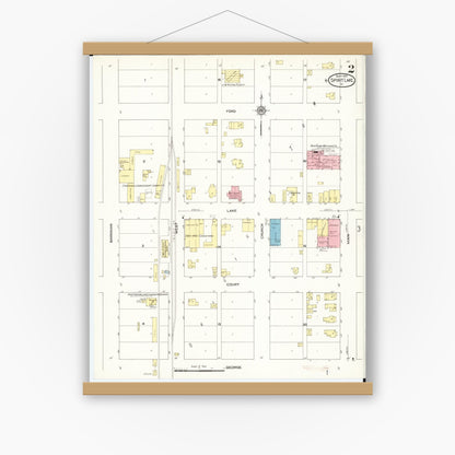 Old map wall art mockup — magnetic wood frame on white wall — Sanborn Fire Insurance Map from Spirit Lake, Dickinson County, Iowa (1913), Sheet #0002